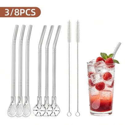3/8 piezas Cucharas de colador de mango largo de acero inoxidable brillante plateado, pajitas de metal reutilizables con forma de flor para beber y revolver, aptas para bubble tea, batidos, zumos, café y cócteles, excelentes para uso en la cocina, fiestas y bares