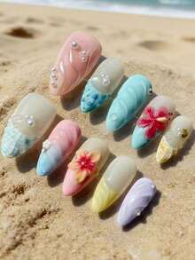 10 Pieces Of Handmade Stick-On Nails | Luxurious Pastel Cute Dopamine Summer Waves And Shell Embossed Nails | 3D Tropical Flower Design | Almond Shape | Glossy Surface | Reusable Fake Nails, Suitable As Gifts, Perfect For Beach Vacations, Parties, And Dates - Baby Blue - View 3