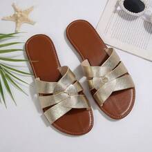 2026 Frühling/Sommer Neue Weite Passform Lässige Slip-On Offene Zehe Flache Strand Urlaubs Sandalen für Frauen, Minimalistisch Stilvolle Gewebte Römische Komfortable Nicht-Abrasive Lässige Strandschuhe - Gold - Übersicht 7