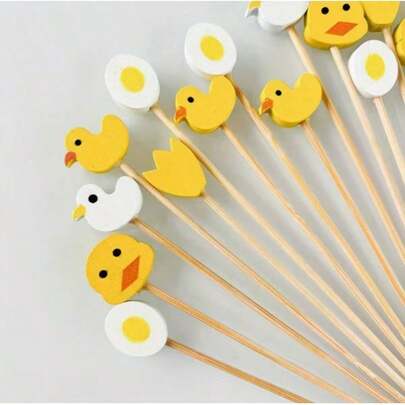 Pinchos de bambú con diseño de patito de huevo de dibujos animados, pinchos de frutas de colores, adecuados para fiestas, bodas, cumpleaños, Pascua y otras ocasiones