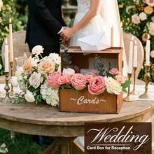 Wedding Card Box, Brown Gift Card Box With Flower Trough And Acrylic Board Rustic Wooden Card Box, Wedding Money Box Holder For Reception Anniversary Graduation Birthday Party Decor - Brown - 查看 7