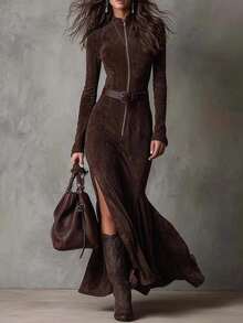 Women'S Elegant Full-Zip Collared  Dress - European & American Style Fall Winter Warmth, Round Neck Long Sleeve Full-Length Zipper Front, Solid Brown/Navy, Tailored Fit For Casual To Formal Events, Office & Party Outfits - Versatile All-Season,Ideal Gifts For Halloween And Christmas - 棕色 - 查看 4