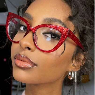 1 Pair Cat Eye Red Glitter Fashion Non-Prescription Eyeglasses Frame, Accessory For Outfit Matching, Street Style,