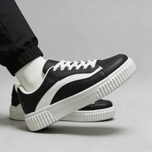 男女通用黑白撞色厚底系带滑板鞋，休闲情侣百搭日常鞋 - 黑色 - 查看 5