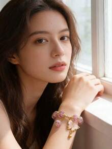 1pc Princess Style Elegant Rose Blue & Pink Alloy Enamel Bracelet With Butterfly Pendant, Suitable For Women's Daily Wear - Baby Blue - View 5