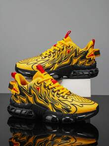 男士黄色火焰图案气垫休闲运动鞋，撞色饰边简约时尚透气系带跑步鞋 - 黃色 - 查看 2