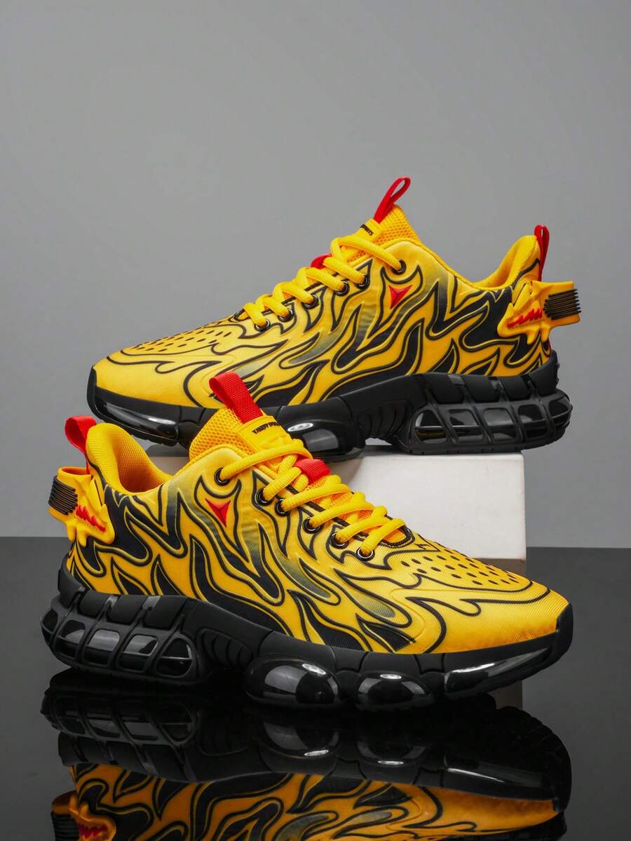 男士黄色火焰图案气垫休闲运动鞋，撞色饰边简约时尚透气系带跑步鞋