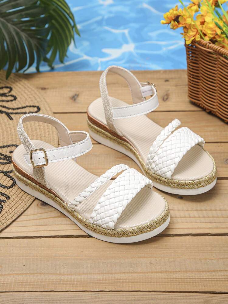 1 Pair Summer Girls Woven Platform Sandals With Buckle, Non-Slip Lightweight Casual Open Toe Comfortable Thick Sole Shoes, Suitable For Daily Wear And School - White - View 6