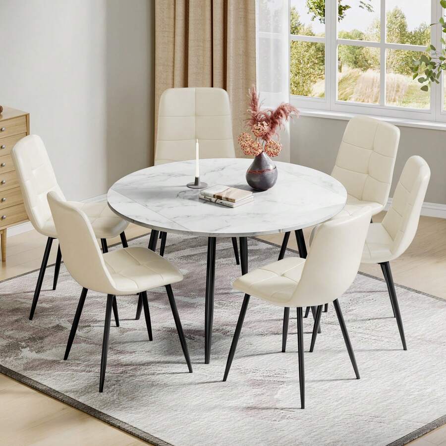 Dining Table And Chairs Set Of 4, Extendable Round Table Concrete Effect Folding Table With Upholstered Linen Chairs For Dining Room,Kitchen - Marble Decorative Table + PU Chair - View 1