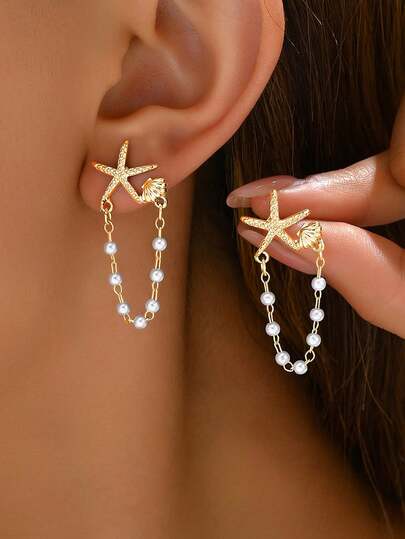 1 Pair Bohemian Niche Star & Shell Beaded Pearl Design Earrings, Elegant Versatile Earrings Suitable For Beach, Party, Bonfire Night, Gift For Girlfriend/Best Friend