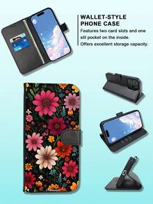 1PC, Premium Durable Flip Wallet Phone Case, Midnight Bloom Hand-Drawn Vintage Print, Magenta-Orange Daisies And Tiny Wildflowers Woven On Ink-Black Base, Green Vines Weaving Through, Rich Color Contrast With Classic Folk Art Vibe, With Foldable Stand And Credit Card Slots, Tailored For Those Who Seek Fashion Perfection. - Black - View 5