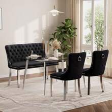 Baysitone 51" Glass Dining Table Set For 4 4 Piece Modern Dining Room Set Rectangular Glass Kitchen Table With 2 Upholstered Velvet Chairs And Dining Bench BlackandSilver - 米色和金色 - 查看 2