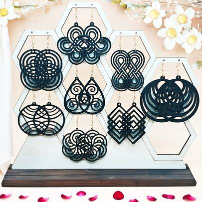 8pcs/Set Black Wooden Hollow Geometric Spiral Earrings Set, Bohemian Vintage Elegant Style, Suitable For Daily Wear, Vacation, Gifts, Women's Exquisite Earring Series, Suitable For All Seasons