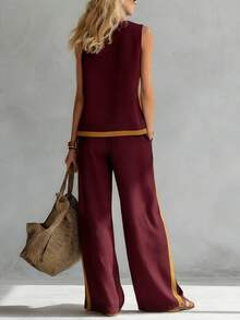 Women's Spring And Summer New Sleeveless Contrasting Vest Wide Leg Pants Two-Piece Set, Fashionable Commuting Set - Burgundy - View 2