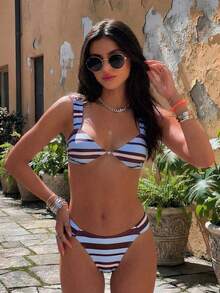 Bộ bikini sang trọng, thanh lịch, kẻ sọc, gợi cảm, kiểu dáng thường ngày, trang trí bằng vòng kim loại, thiết kế viền tương phản, thích hợp cho bãi biển, kỳ nghỉ, tiệc tùng. - Nhiều màu - Xem 1