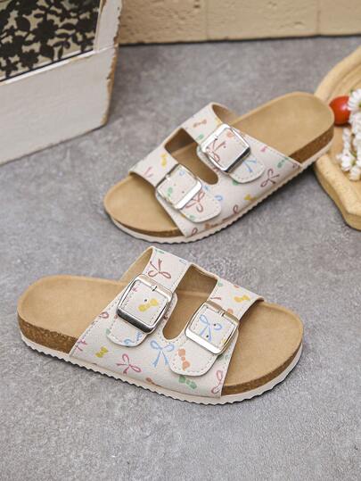 1 Pair Cute Printed Colorful Bow Soft Wood Slide Sandals, Buckle Decor, Open Toe Design, Suitable For Daily Commute, Shopping, Beach And Other Occasions, Spring/Summer