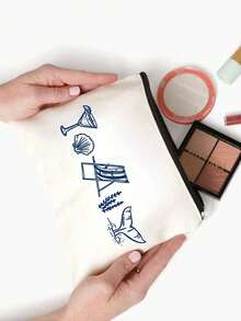 Customized Coastal Style Makeup Bag - Personalized Design "Last Beach Toast" Pattern, Reusable Makeup Bag With Glasses And Shell Elements, Lightweight Hand-Painted Style, Convenient And Practical Makeup And Toiletry Storage Pouch - Multicolor - View 7