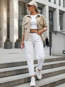 Giacca camicia da donna con colletto classico e bottoni, giacca da donna con decorazione a stella sulla tasca anteriore, giacca camicia da donna con maniche lunghe e polsini con bottoni, giacca da donna con decorazione a motivo traforato (taglia unica) - Beige - Visualizzare 2