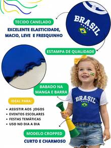 Cropped T-Shirt Brazil Kids Teen Girls World Cup National Team Babylook Fan Sizes 4 To 14 Viscolycra Green Blue Yellow - 藍色 - 查看 3