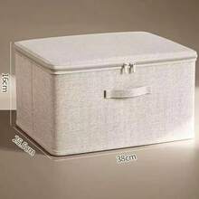 1件米色正方形可折疊收納盒附蓋，聚酯亞麻材質，附拉鍊與提把，堅固多用途收納箱，適用於衣物、牛仔褲與玩具，臥室裝飾，適合儲藏室整理與居家收納 - 米色 - 查看 7