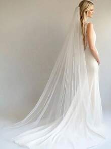 标志性柔软长款薄纱头纱，单层设计，边缘简洁利落，简约新娘头纱，配有金属发梳，适用于民事婚礼、教堂婚礼、情人节礼物、婚礼季 - 彩色 - 查看 1