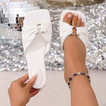 Women's High Heel Shoes With Bow Tie, Elegant Solid Color Vintage Sexy Party PU Leather Slip-On Pumps, Pointed Toe Kitten Heel Sandals For Wedding, Party, Beach In Summer - White - View 3