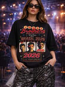 Brazil 2026 Show T-Shirt,  Festival Fan, Joe, Nick, Kevin, Streetwear, Fashion, Oversized Black Blouse, Band, Music Festival, Show - 黑色 - 查看 3