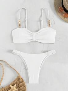 Conjunto de bikini de 2 piezas con tirantes de espagueti y acolchado, de tela a rayas de unicolor para mujer - Blanco - Ver 1