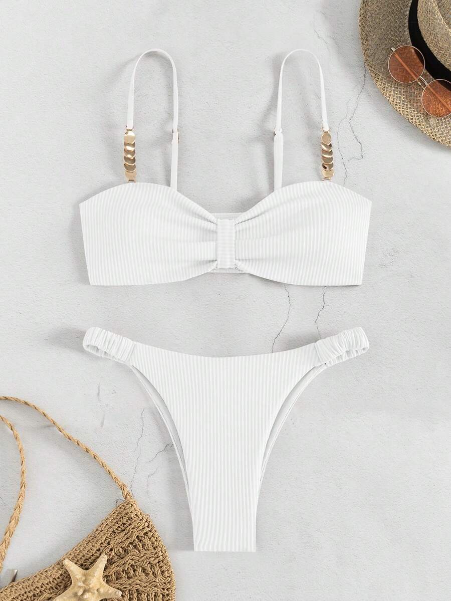 Conjunto de bikini de 2 piezas con tirantes de espagueti y acolchado, de tela a rayas de unicolor para mujer - Blanco - Ver 1