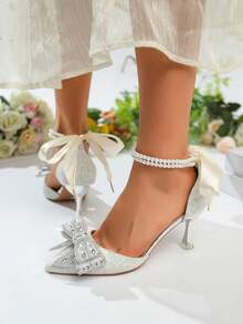 Latest Elegant Romantic Fashion Luxurious Crystal Pearl Bow Pointed Toe Wedding Bridal Bridesmaid Party Thick Heel Slip-On High Heels - Silver - View 2