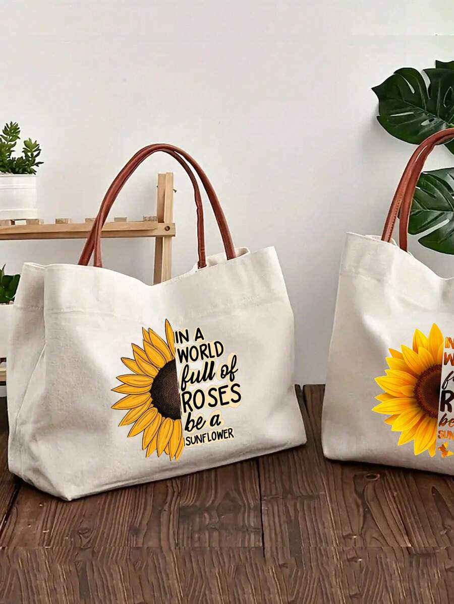 Vibrant Lemon Pattern Printed Tote Bag, Reusable Printed Women's Tote Bag, Double Handle Shopping Book Bag, Large Capacity Shoulder Bag, Casual Commute - Multicolor - View 1