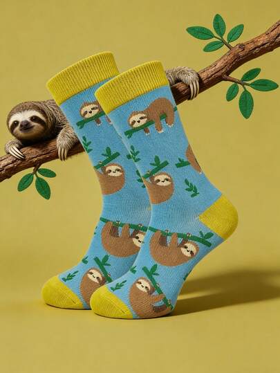 一双男女通用树懒主题袜子 - 可爱的树懒和树枝图案，创意新奇袜子，适合日常休闲穿着，是动物和慢生活爱好者的理想礼物，四季皆宜的时尚休闲袜