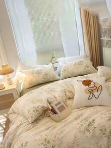 碎花图案柔软透气被套套装（1个被套+2个枕套），适用于卧室和客房，可机洗，四季皆宜 - 薄荷綠 - 查看 4