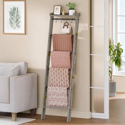 HEXCELEN Blanket Ladder Shelf For Living Room, Decorative Quilt Rack With Storage Shelf, 6-Tier Farmhouse Ladder Holder Organizer With 4 Removable Hooks For Bedroom, Greige