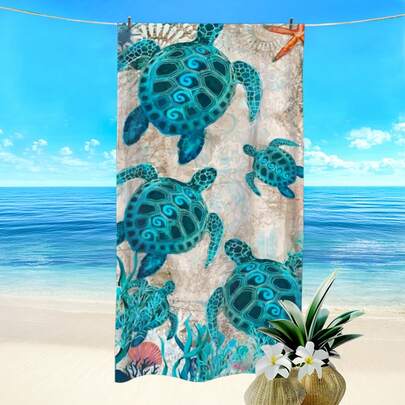 1条海洋生物海龟珊瑚印花沙滩巾，超强吸水速干，适合游泳，柔软沙滩毯，适用于海滩、游泳、户外露营旅行，理想的沙滩必备品。