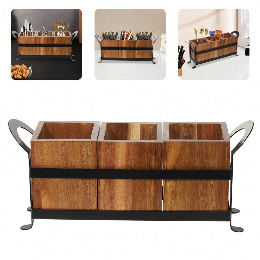 SanBouSi Rustic Kitchen Utensil Organizer Utensil Cutlery Holder Wooden Utensil Organizer - Black and Log Color - View 1