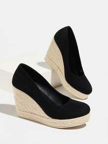 Women's Platform Wedge Shoes, Black Faux Suede Round Toe Woven Wedge Slip-On Pumps - Black - View 6