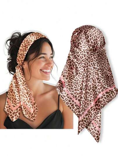 1条豹纹方巾，35英寸缎面大披肩，灰色和粉色，柔软丝滑触感，波西米亚风头饰，时尚动物纹围巾，适合春夏，可作围巾、颈巾、头巾，优雅女士配饰