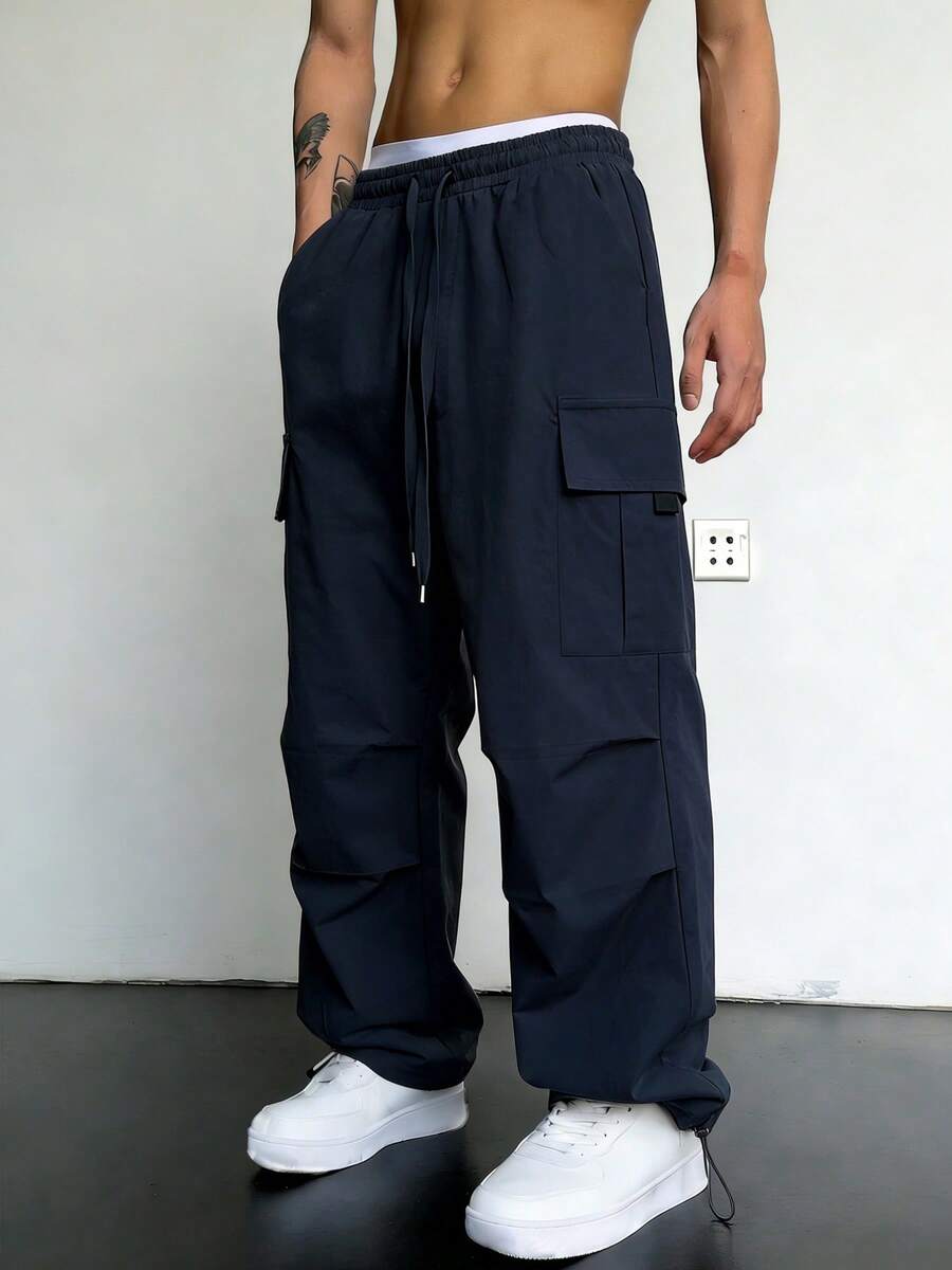 男士纯色多口袋工装裤，抽绳腰带，休闲宽松直筒裤型，适合春、夏、秋、冬四季穿着，时尚街头风，送给男友/老公的礼物，周年纪念礼物 - 黑色 - 查看 1