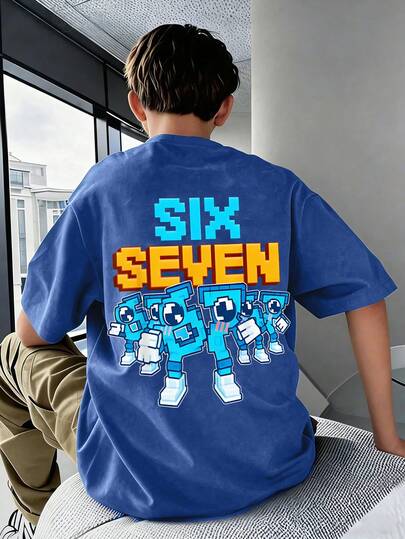 Serie de camisetas de manga corta y cuello redondo con estampado casual para niños, con diseño de patrón de números "67" y letras interesantes, muy adecuado para que los estudiantes lo usen en verano - Camiseta de color natural, adecuada para cada joven explorador, Camiseta gráfica para niños