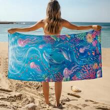 1pc Underwater World Dolphin & Jellyfish Beach Towel, Super Soft Microfiber Extra Large Beach Blanket, Super Absorbent Bath Towel, Suitable For Travel, Swimming Pool, Diving, Surfing, Yoga, Camping, Available In Multiple Sizes, Beach Accessories - A - View 8