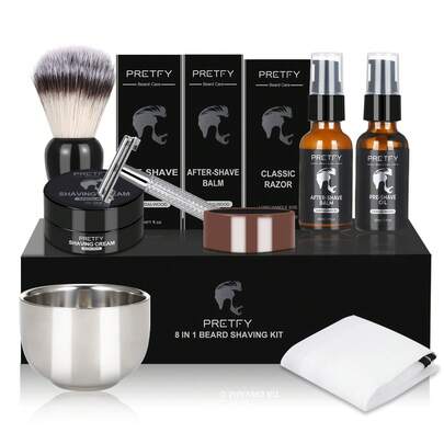 set de cuidado de la barba de lujo para hombres, afeitadora manual para uso diario, 1 crema de afeitar, 1 jabón de afeitar, 1 aceite para antes del afeitado, 1 bálsamo para después del afeitado, 1 brocha de afeitar, 1 cuenco de afeitar, 1 babero de afeitar, 1 maquinilla de afeitar manual, El regalos para papás, hombres, novios perfecto para hombres, Kit de aseo para la barba