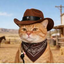 Western Style Pet Cowboy Hat And Scarf Set, Star Decor Pet Hat With Patterned Scarf, Suitable For Small Dogs And Cats - Brown - View 3