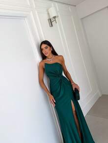Long Strapless Formal Dress With An Elegant Knot, Perfect For Bridesmaids, Graduation, Or Weddings. - 翡翠綠 - 查看 4