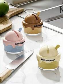 1pc MINKOJA Ceramic Double-Sided Knife Sharpener With Suction Cup, Ice Cream Design, Creative Kitchen Tool, Essential Christmas Gift For Chefs - Brown - View 6