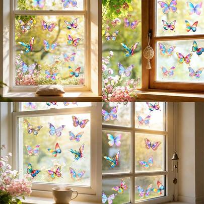1 pieza Adhesivo electrostático de estilo natural para ventana. Diseño hermoso y colorido de flores y mariposas. PVC removible e impermeable. Adecuado para sala de estar, dormitorio. Decoración del hogar exquisita DIY.