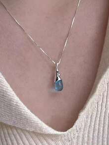 1pc S925 Sterling Silver Teardrop Pendant Necklace, Minimalist Versatile Elegant Necklace, Delicate Unique Design, Suitable For Women's Daily Wear Or Party Gift, Graceful Accessory - Water Drop - View 5
