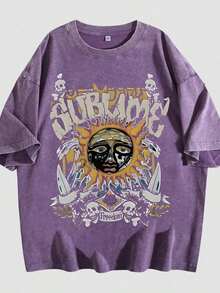 Retro Sun Face Skull Print, SUBLIM Band Style Free Theme Loose Short Sleeved Shirt Vintage Washed CottonT-Shirt Crew Neck Soft Tee For Men Women - 紫色02 - 查看 7