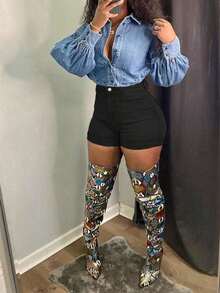 Women's Summer Fashionable High Waist Cuffed All-Match Versatile Denim Shorts - 黑色 - 查看 5