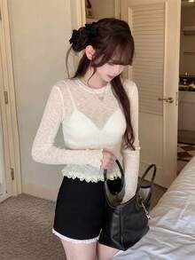 春夏韩版女式杏色针织长袖上衣 - 优雅、纯洁、甜美蕾丝边薄纱外套（杏色仅限内搭），适合日常穿着、约会、休闲聚会、海滩度假 - 杏色 - 查看 2